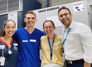SMHS Biobank Enables World-Leading Biospecimen Research to Improve Critical Care Outcomes FSH ICU Registered Nurse Catarina Wylde, FSH ICU Registered Nurse Nicholas Anthony, FSH ICU Registrar Dr Tess Evans, and SMHS Biobank Research Officer, Sheeraz Mohd. (Photo credit: South Metropolitan Health Service)