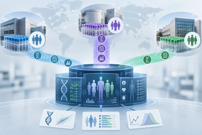 Major-Biobanks-Reveal-Differences-in-Cardiovascular-Genetic-Estimates Illustration of three major biobanks comparing genomic and clinical data in cardiovascular genetics research.