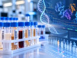 Precure Selects Helix for Multi-Omics Analysis of One Million Biospecimens Biospecimen tubes represented alongside genomic and proteomic data illustrating population-scale multi-omics research